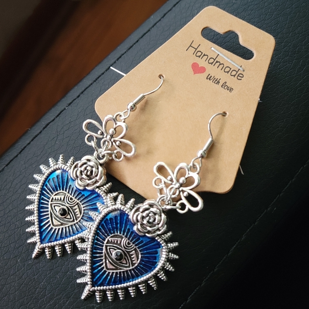 Spiked Blue Heart Eye Rose Handmade Earrings Punk Goth Emo Dangle Gothic - Picture 7 of 13